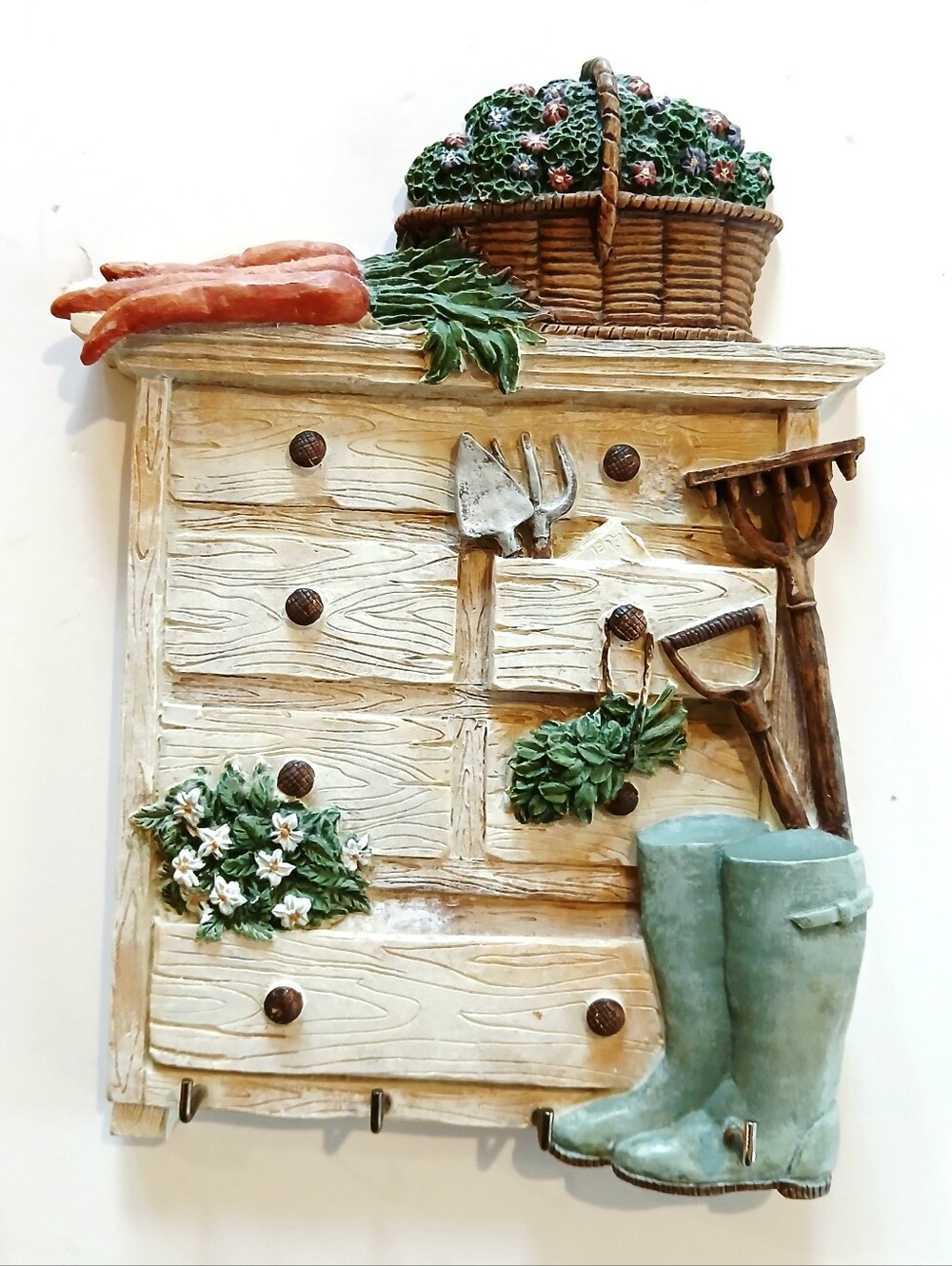 Rustic Gardening Wall Key Hooks with Green Boots and Basket